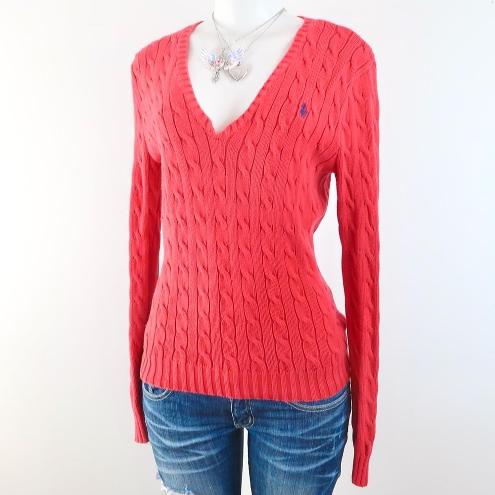 vintage ralph lauren red cable knit v neck sweater preppy y2k